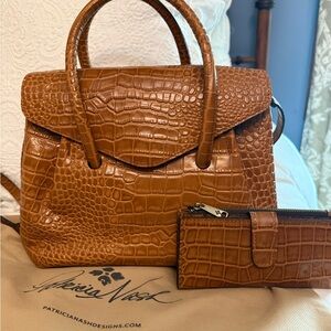 Patricia Nash satchel and matching wallet in gorgeous cognac croco leather.